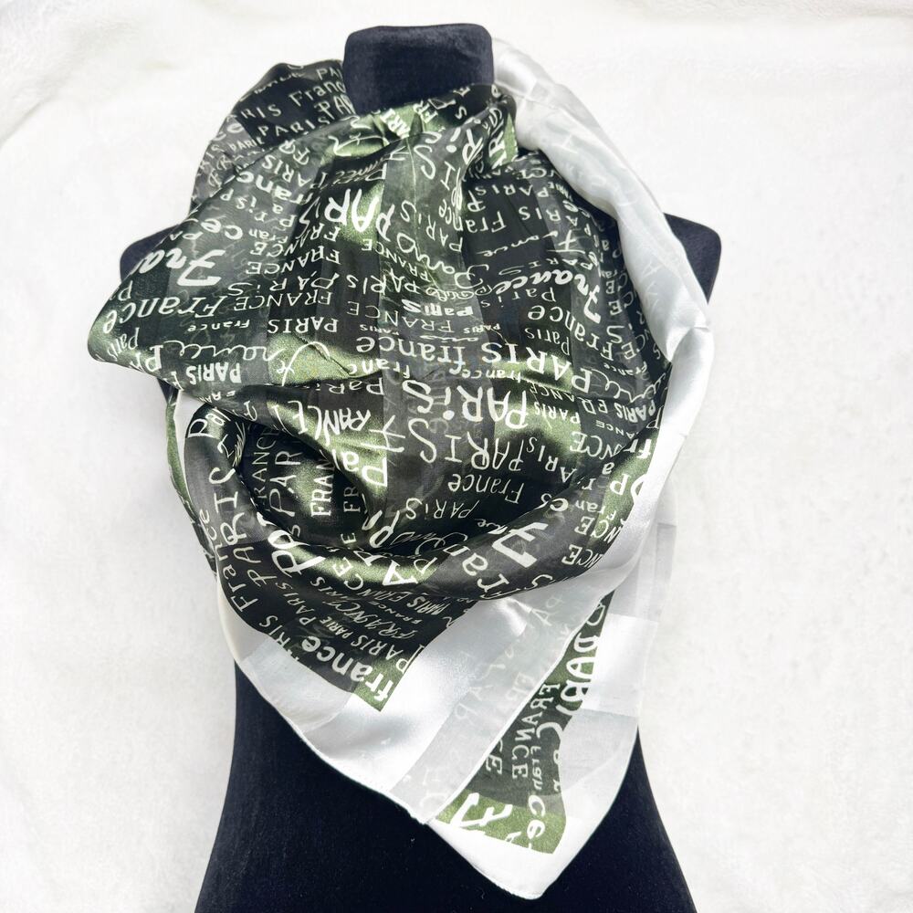Paris France Black Green Ivory Silky Neck Scarf Neckerchief Striped Satin